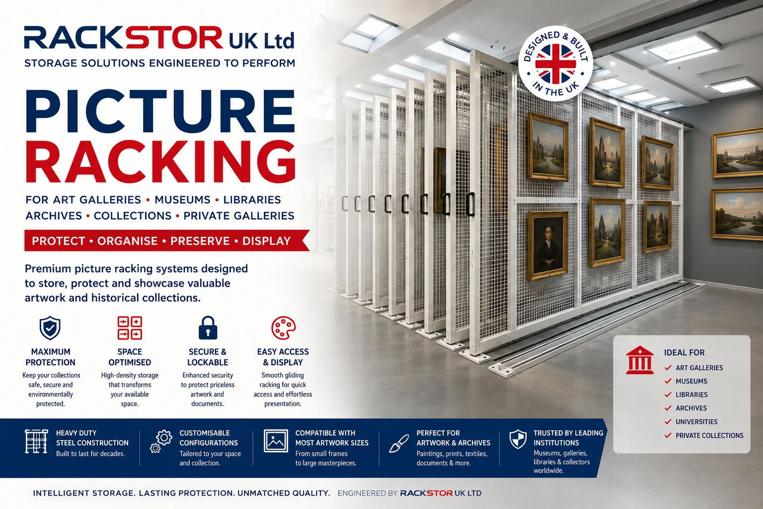 Rackstor picture racking system with sliding mesh panels holding framed artwork in a museum art store